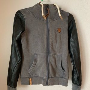 Naketano Brave New Bird Distressed Grey/Black faux leather sleeves Zip Up Hoodie